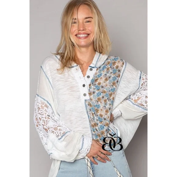 POL Ivory & Blue Floral Panel Lace Detail Half Button Hoodie Oversized - Picture 8 of 9